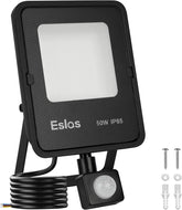 Black flood light with ESLAS branding and motion sensor on a white background
